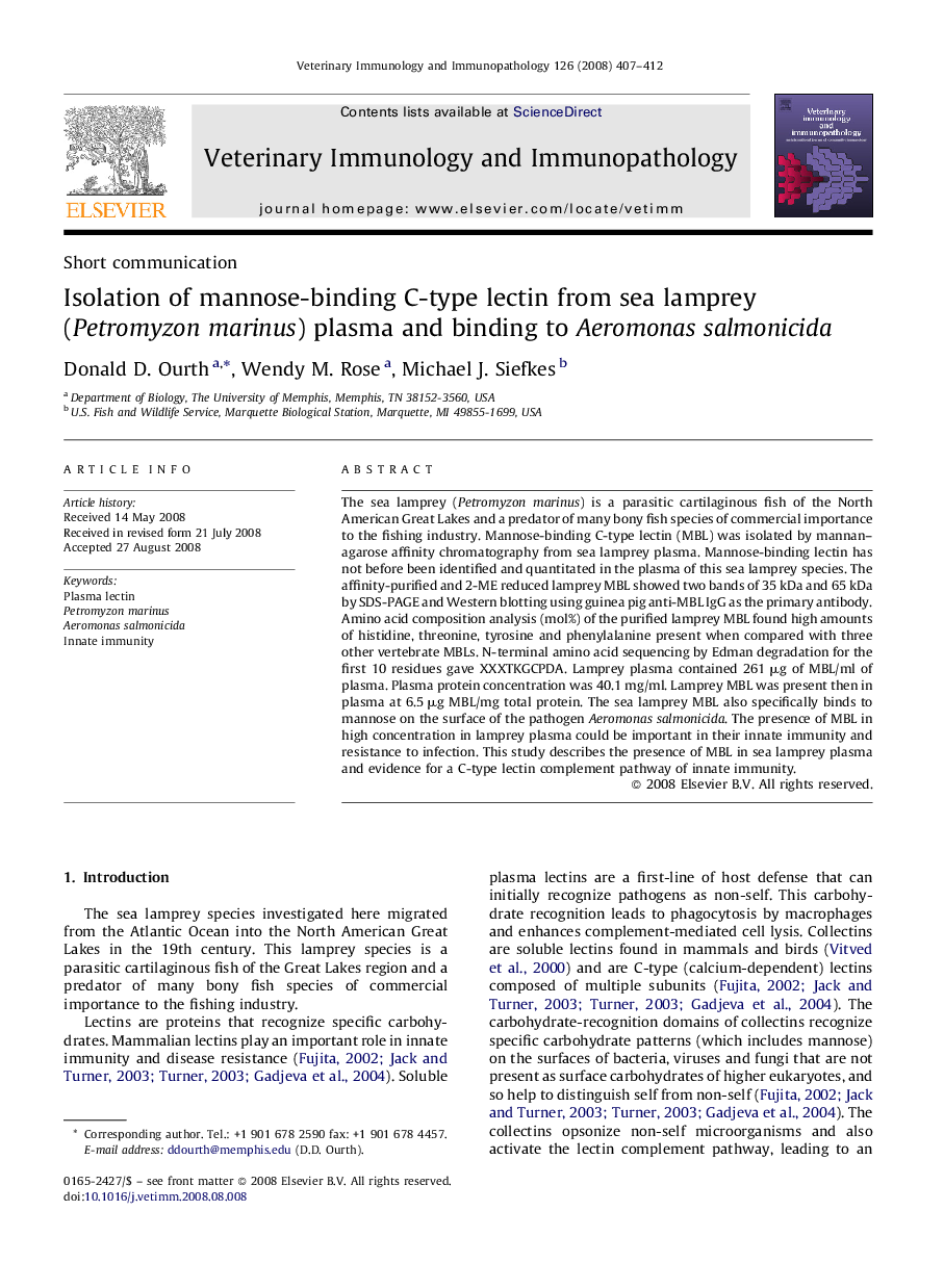Isolation of mannose-binding C-type lectin from sea lamprey (Petromyzon marinus) plasma and binding to Aeromonas salmonicida