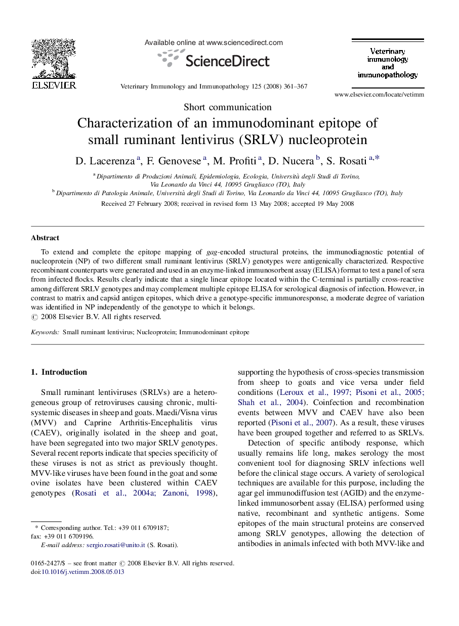 Characterization of an immunodominant epitope of small ruminant lentivirus (SRLV) nucleoprotein