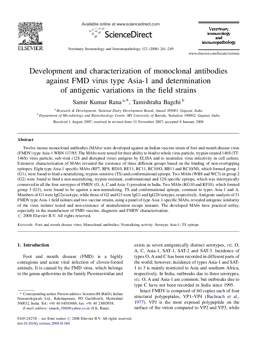 Development and characterization of monoclonal antibodies against FMD virus type Asia-1 and determination of antigenic variations in the field strains