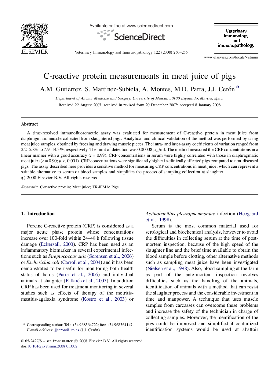 C-reactive protein measurements in meat juice of pigs