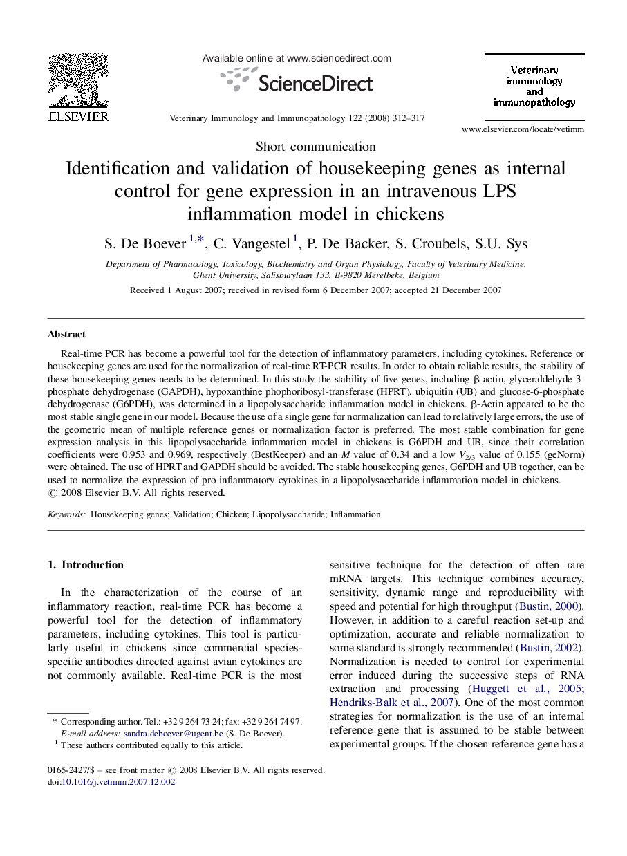 Identification and validation of housekeeping genes as internal control for gene expression in an intravenous LPS inflammation model in chickens