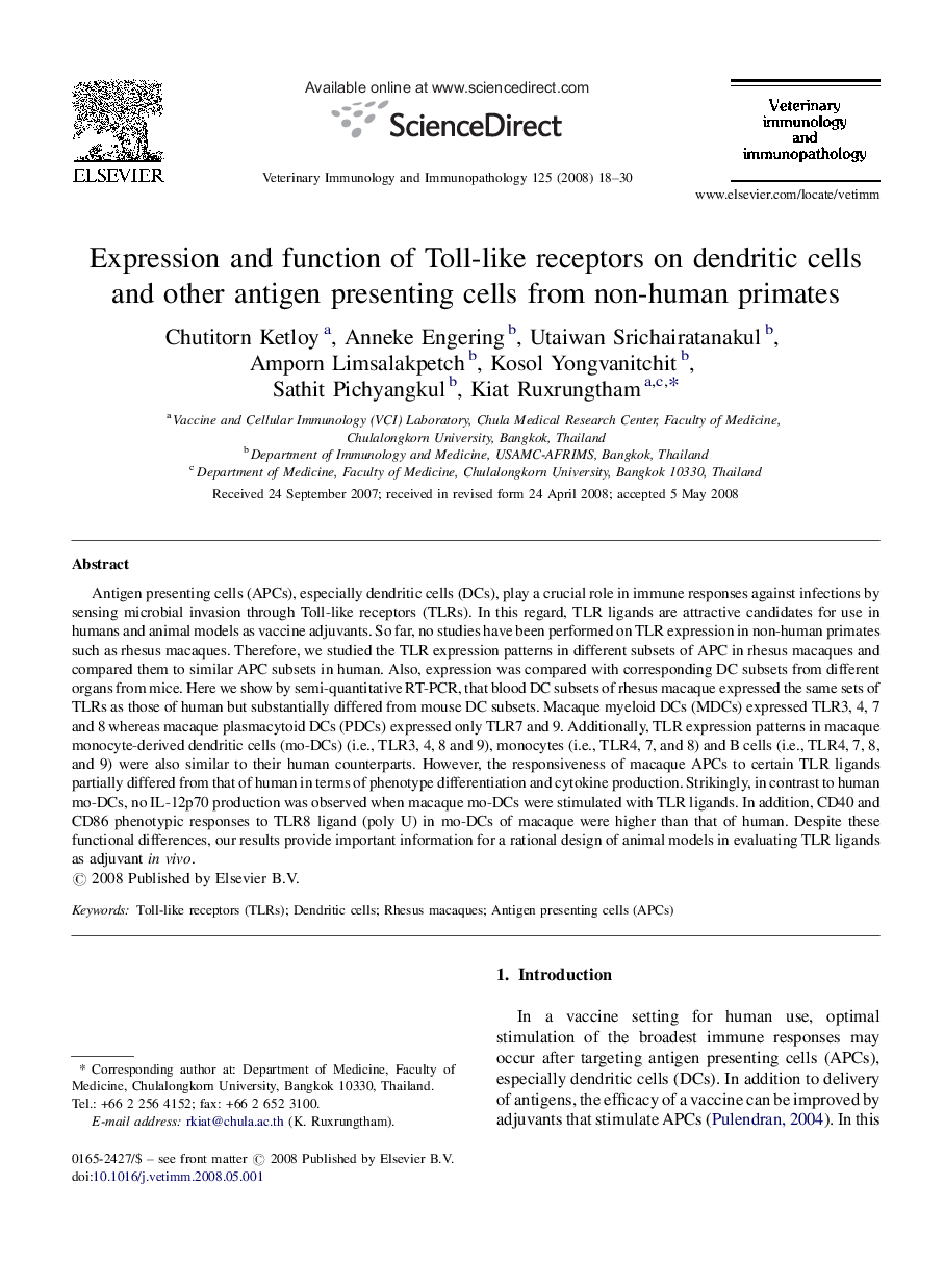 Expression and function of Toll-like receptors on dendritic cells and other antigen presenting cells from non-human primates