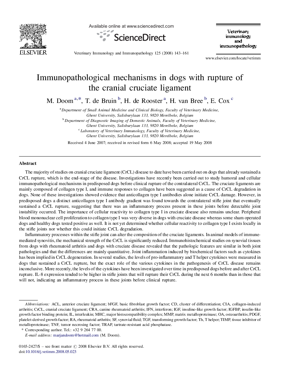 Immunopathological mechanisms in dogs with rupture of the cranial cruciate ligament