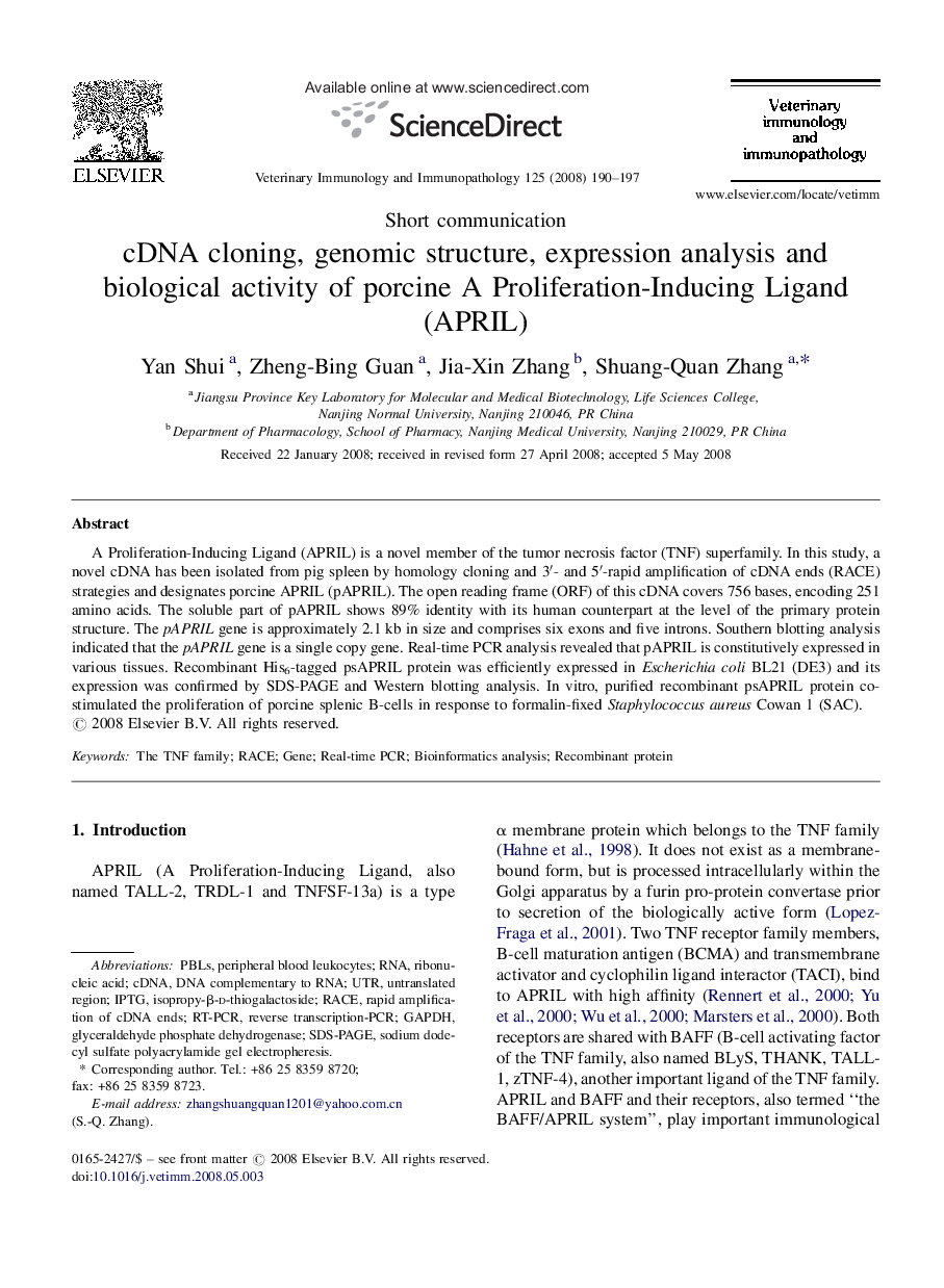 cDNA cloning, genomic structure, expression analysis and biological activity of porcine A Proliferation-Inducing Ligand (APRIL)