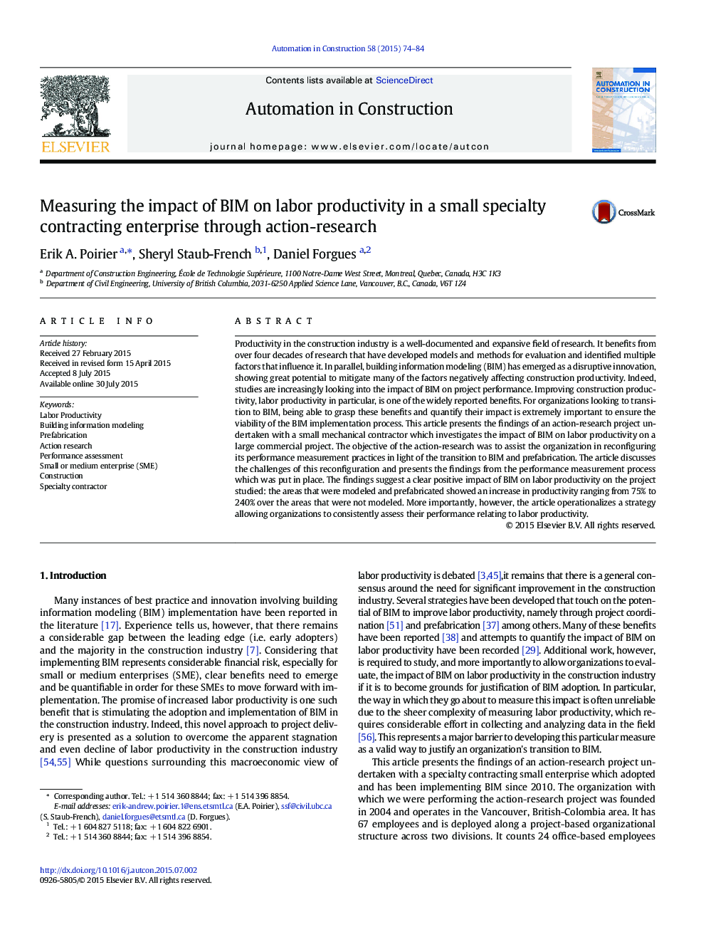 Measuring the impact of BIM on labor productivity in a small specialty contracting enterprise through action-research