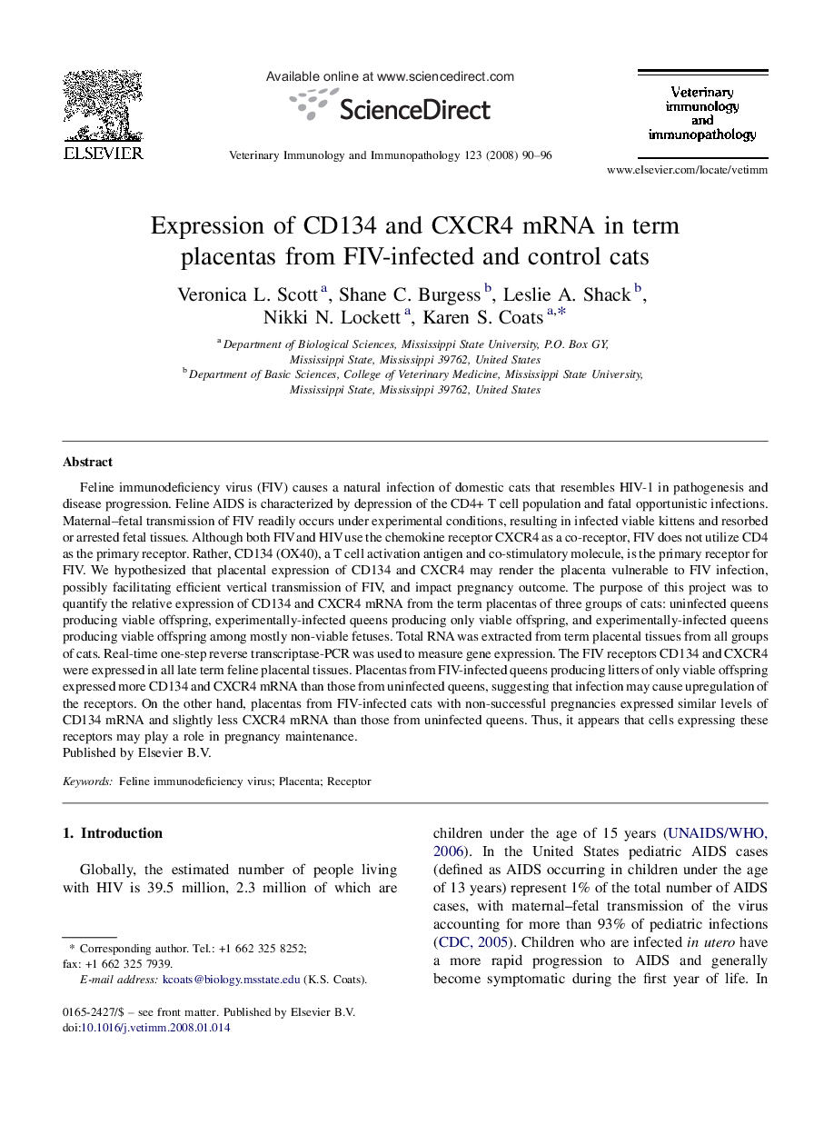 Expression of CD134 and CXCR4 mRNA in term placentas from FIV-infected and control cats