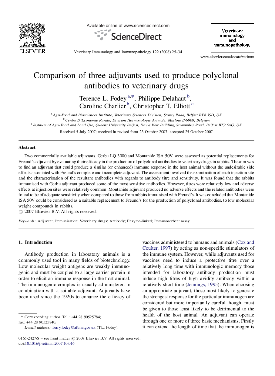 Comparison of three adjuvants used to produce polyclonal antibodies to veterinary drugs