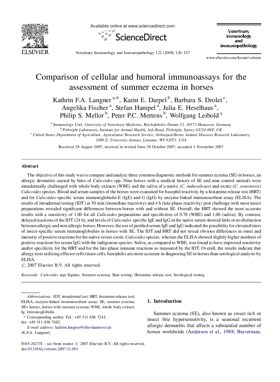 Comparison of cellular and humoral immunoassays for the assessment of summer eczema in horses