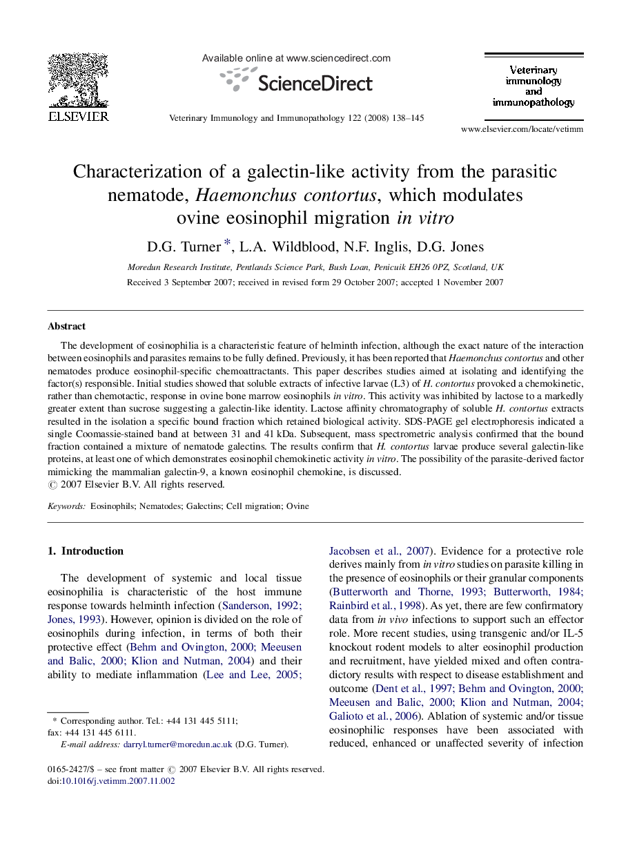 Characterization of a galectin-like activity from the parasitic nematode, Haemonchus contortus, which modulates ovine eosinophil migration in vitro