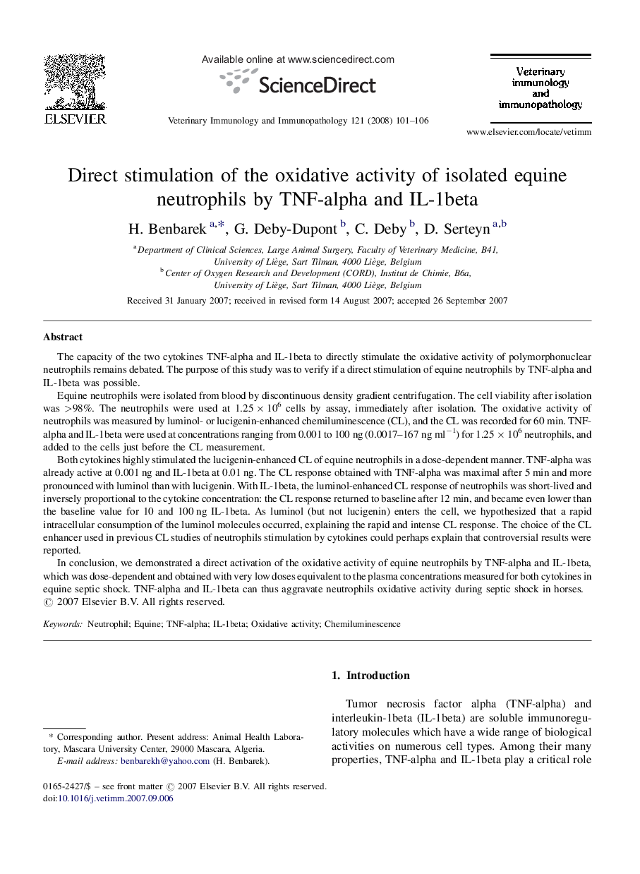 Direct stimulation of the oxidative activity of isolated equine neutrophils by TNF-alpha and IL-1beta