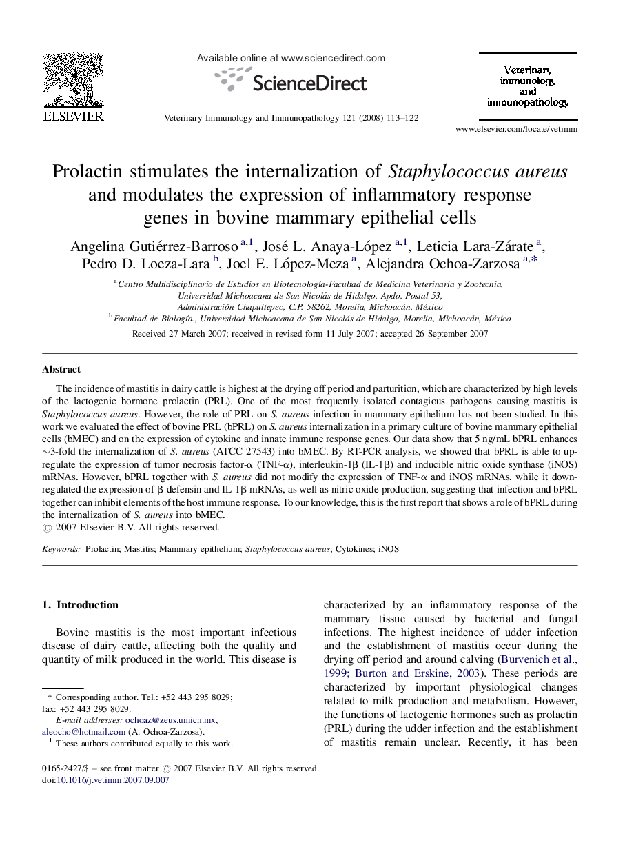 Prolactin stimulates the internalization of Staphylococcus aureus and modulates the expression of inflammatory response genes in bovine mammary epithelial cells