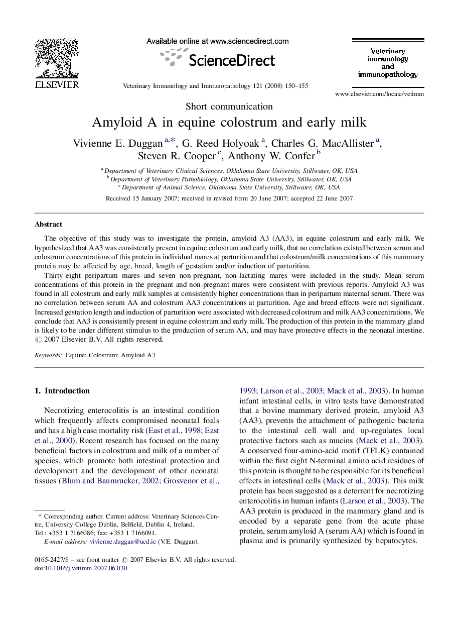 Amyloid A in equine colostrum and early milk