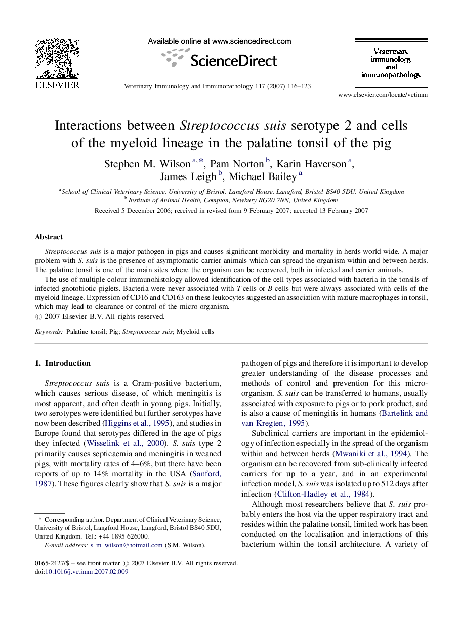 Interactions between Streptococcus suis serotype 2 and cells of the myeloid lineage in the palatine tonsil of the pig