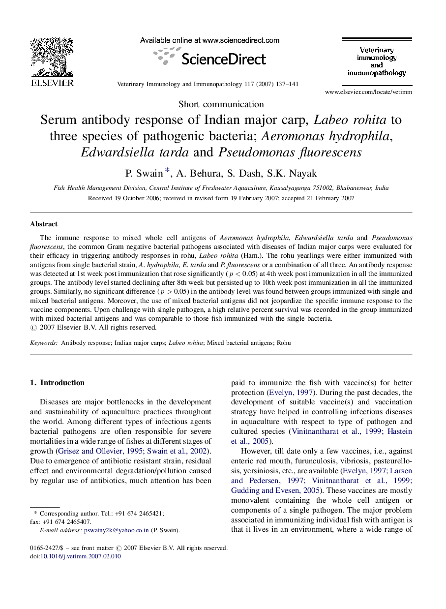 Serum antibody response of Indian major carp, Labeo rohita to three species of pathogenic bacteria; Aeromonas hydrophila, Edwardsiella tarda and Pseudomonas fluorescens