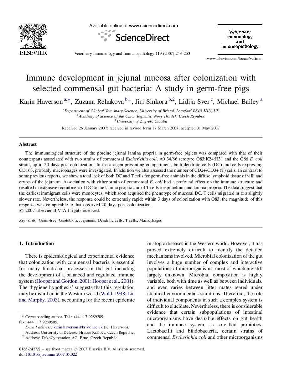 Immune development in jejunal mucosa after colonization with selected commensal gut bacteria: A study in germ-free pigs