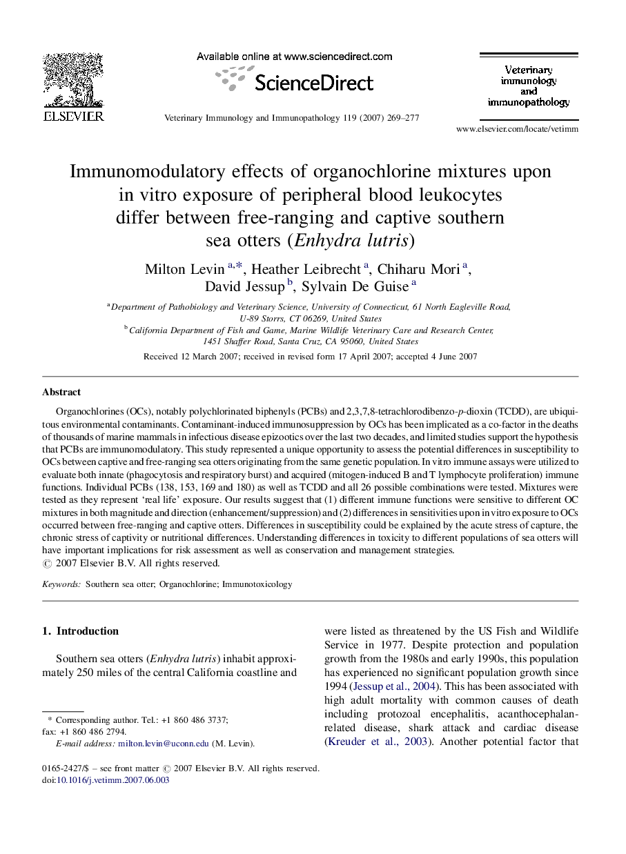 Immunomodulatory effects of organochlorine mixtures upon in vitro exposure of peripheral blood leukocytes differ between free-ranging and captive southern sea otters (Enhydra lutris)