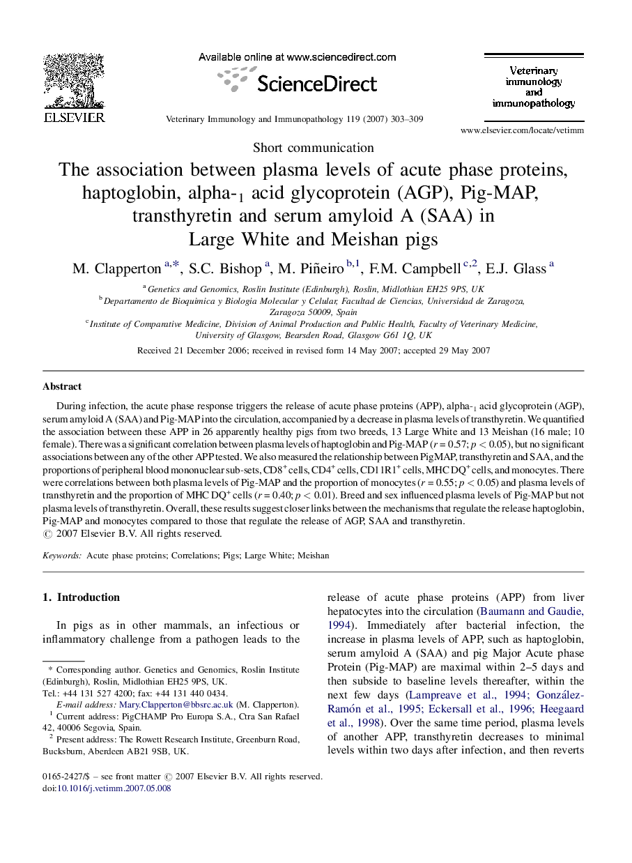 The association between plasma levels of acute phase proteins, haptoglobin, alpha-1 acid glycoprotein (AGP), Pig-MAP, transthyretin and serum amyloid A (SAA) in Large White and Meishan pigs