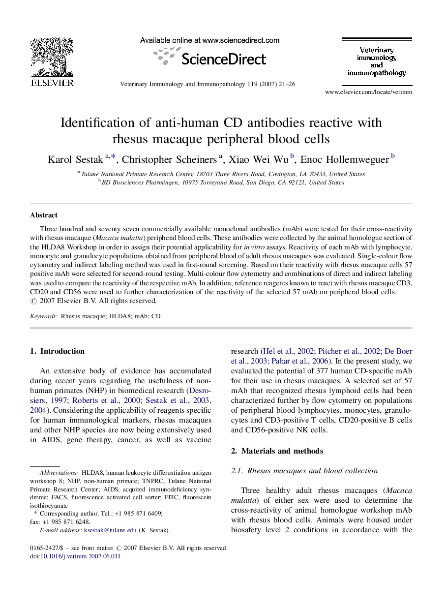 عکس صفحه اول مقاله: Identification of anti-human CD antibodies reactive with rhesus macaque peripheral blood cells Identification of anti-human CD antibodies reactive with rhesus macaque peripheral blood cells