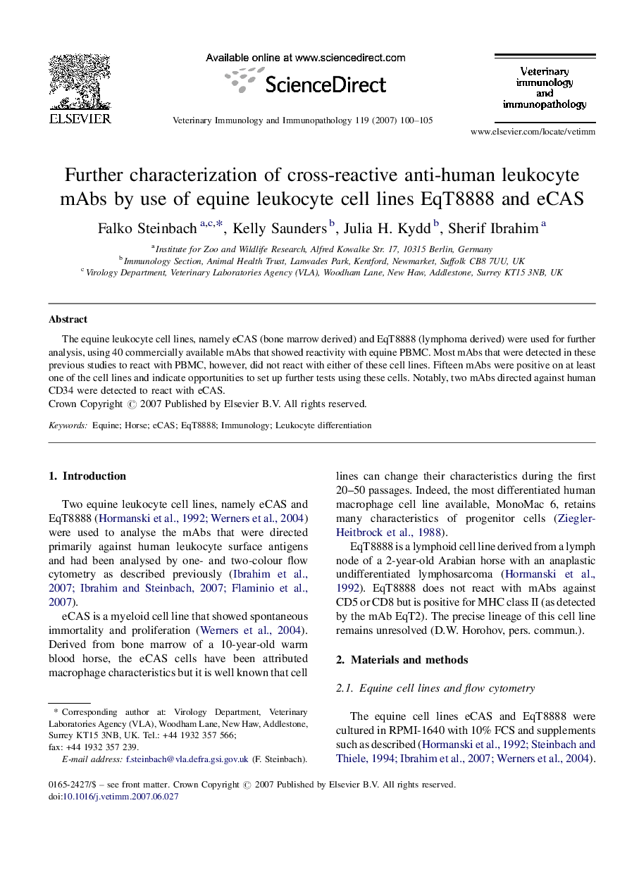 Further characterization of cross-reactive anti-human leukocyte mAbs by use of equine leukocyte cell lines EqT8888 and eCAS