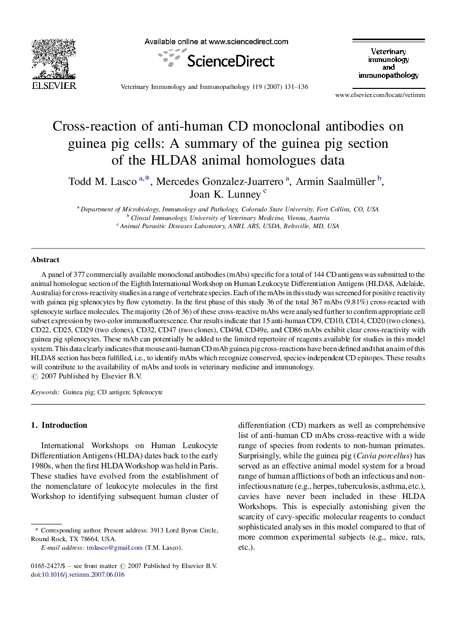 Cross-reaction of anti-human CD monoclonal antibodies on guinea pig cells: A summary of the guinea pig section of the HLDA8 animal homologues data