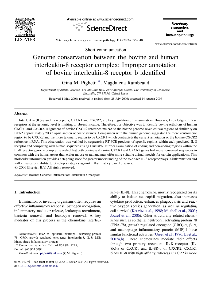 Genome conservation between the bovine and human interleukin-8 receptor complex: Improper annotation of bovine interleukin-8 receptor b identified