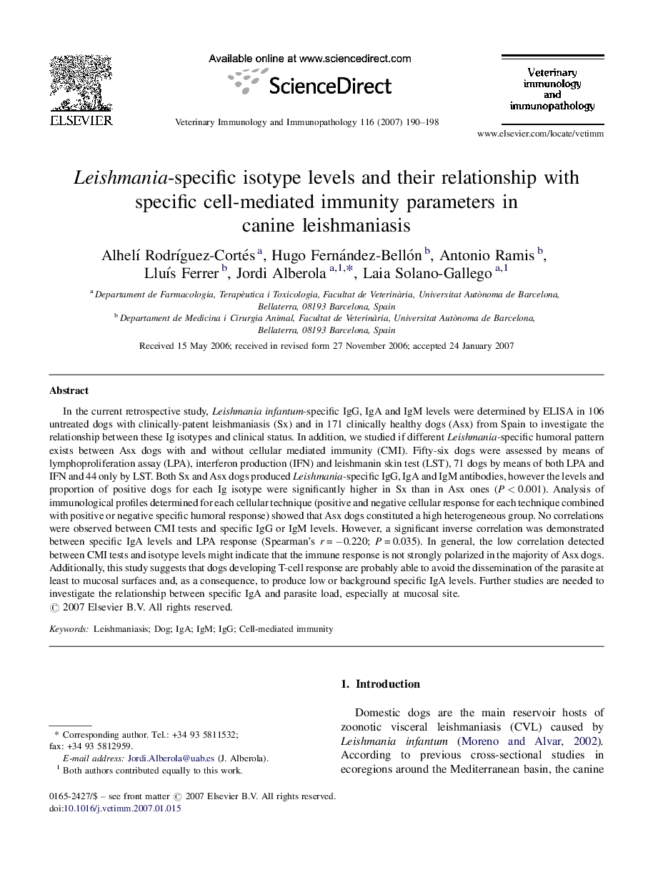 Leishmania-specific isotype levels and their relationship with specific cell-mediated immunity parameters in canine leishmaniasis