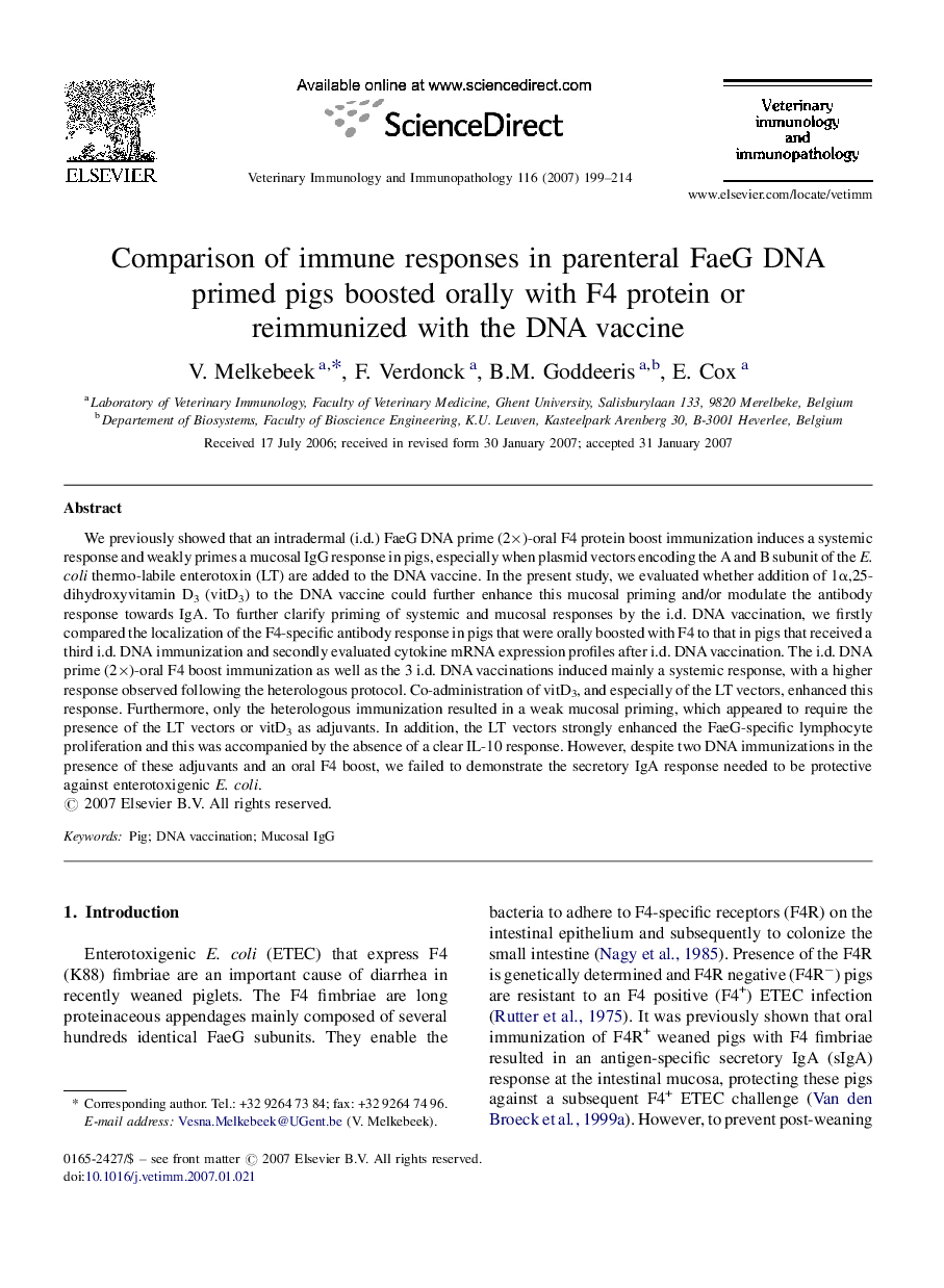 Comparison of immune responses in parenteral FaeG DNA primed pigs boosted orally with F4 protein or reimmunized with the DNA vaccine