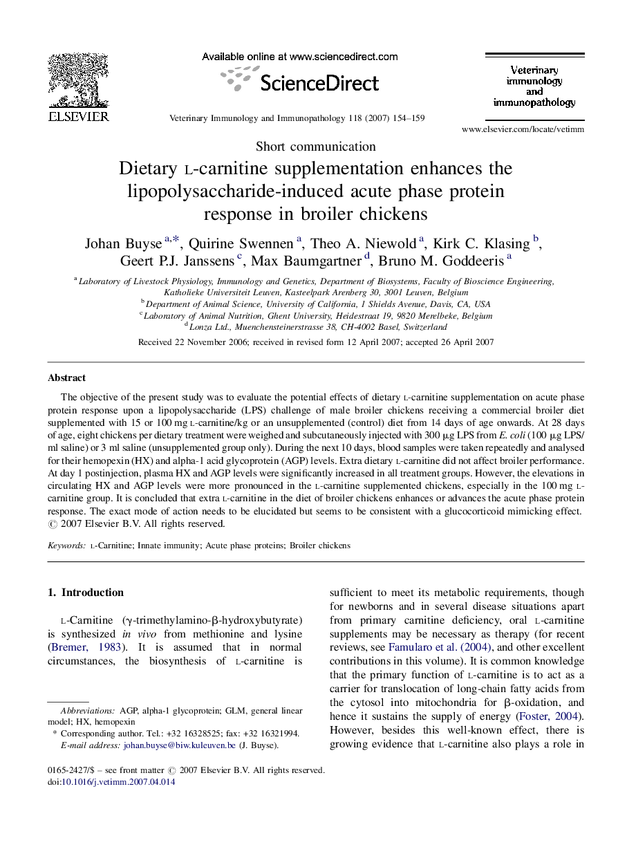 Dietary l-carnitine supplementation enhances the lipopolysaccharide-induced acute phase protein response in broiler chickens