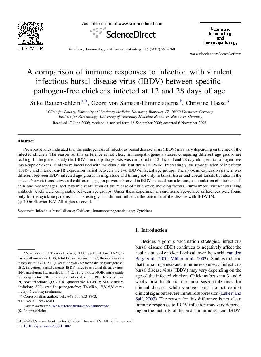 A comparison of immune responses to infection with virulent infectious bursal disease virus (IBDV) between specific-pathogen-free chickens infected at 12 and 28 days of age