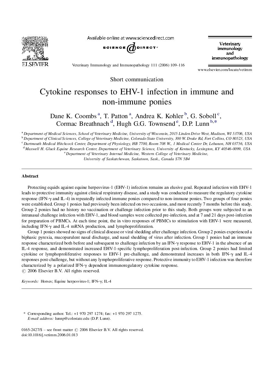 Cytokine responses to EHV-1 infection in immune and non-immune ponies