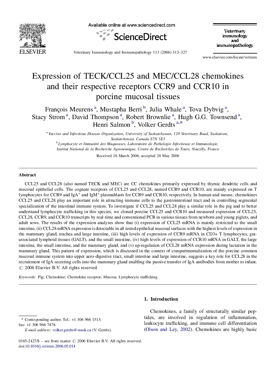 Expression of TECK/CCL25 and MEC/CCL28 chemokines and their respective receptors CCR9 and CCR10 in porcine mucosal tissues