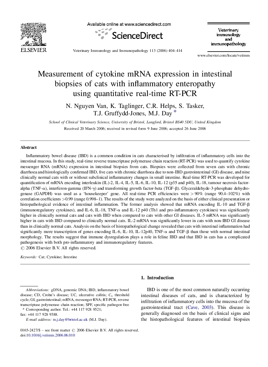 Measurement of cytokine mRNA expression in intestinal biopsies of cats with inflammatory enteropathy using quantitative real-time RT-PCR