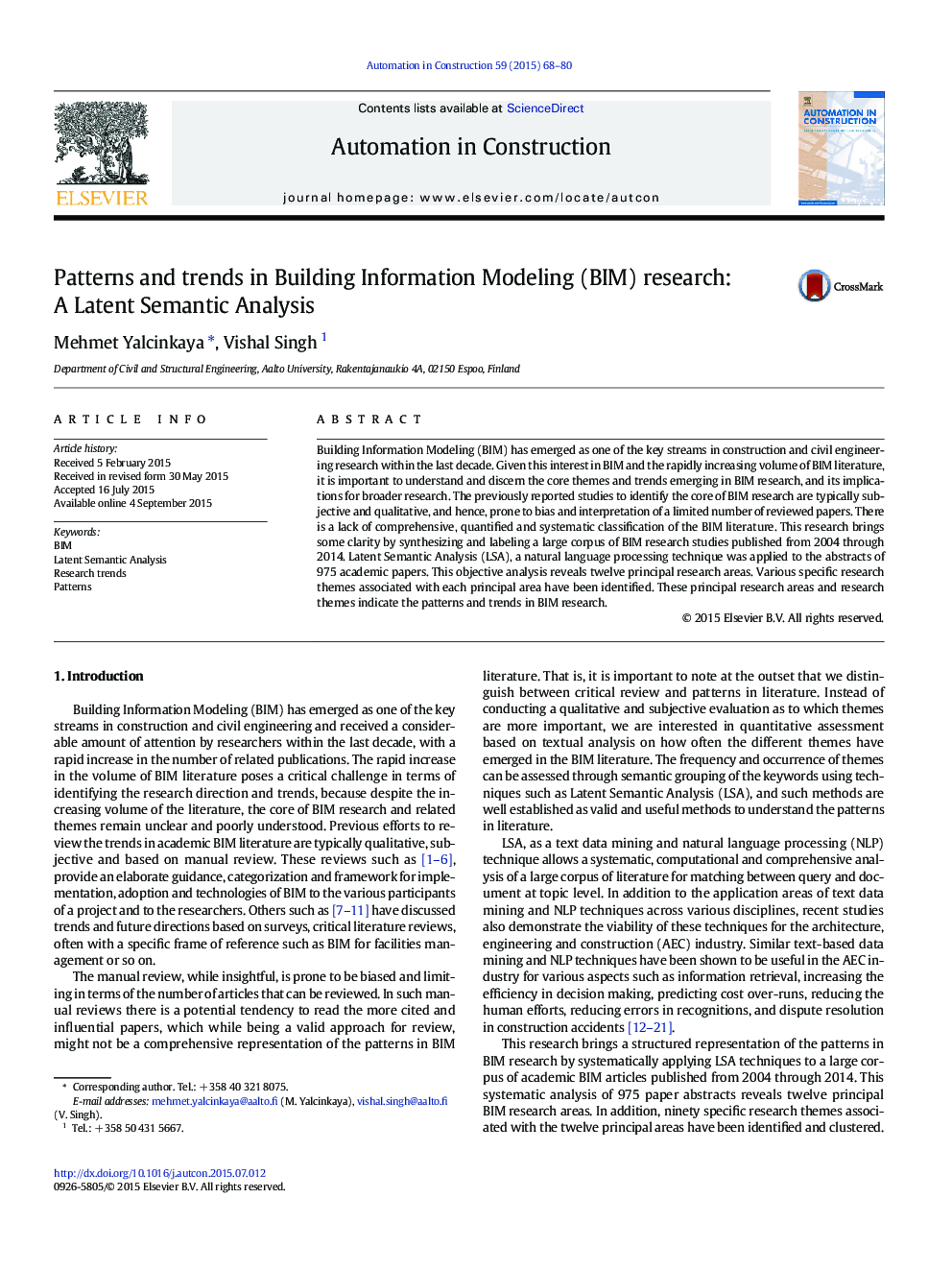 Patterns and trends in Building Information Modeling (BIM) research: A Latent Semantic Analysis