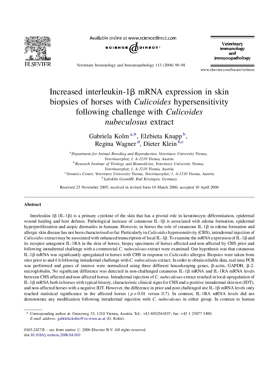 Increased interleukin-1β mRNA expression in skin biopsies of horses with Culicoides hypersensitivity following challenge with Culicoides nubeculosus extract