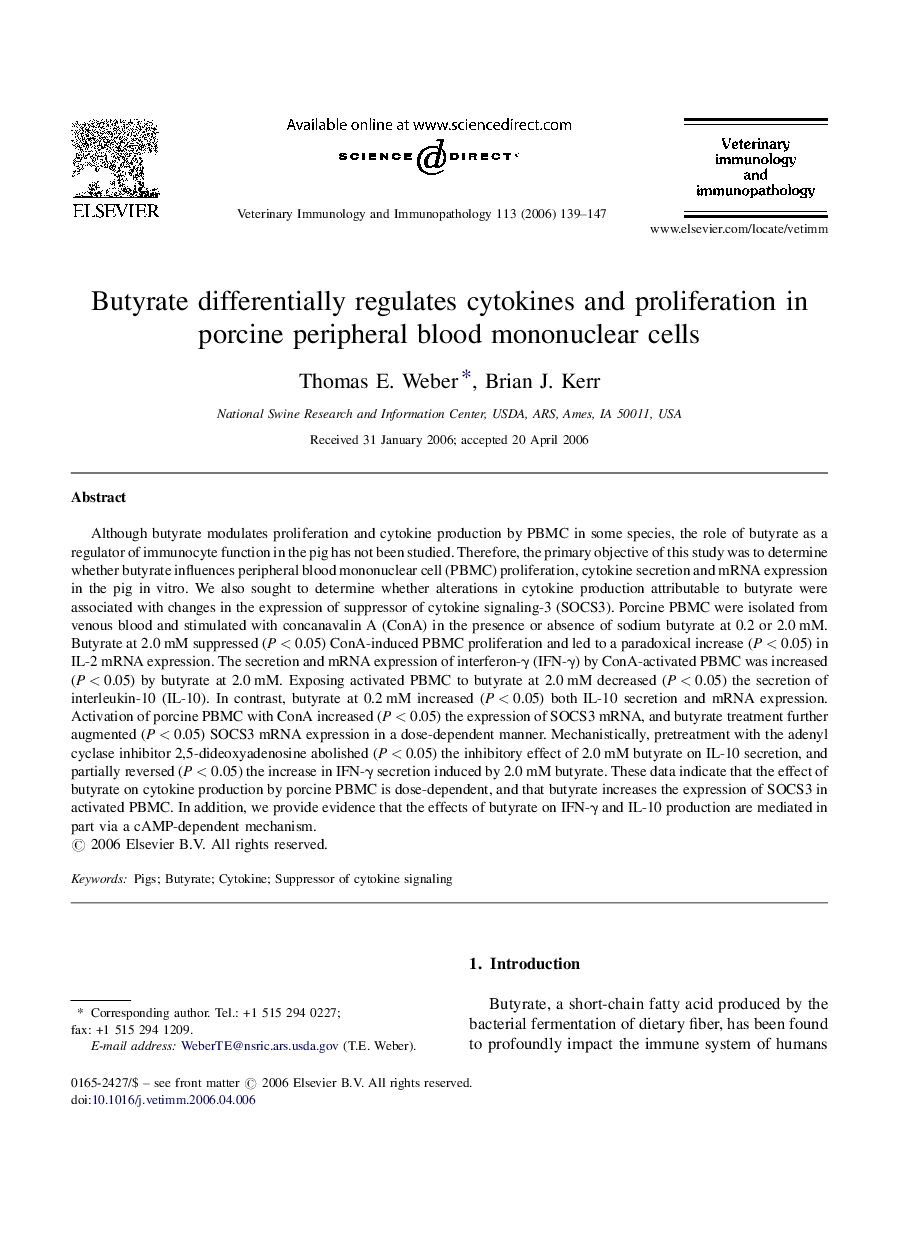 Butyrate differentially regulates cytokines and proliferation in porcine peripheral blood mononuclear cells