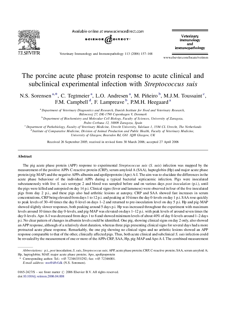 The porcine acute phase protein response to acute clinical and subclinical experimental infection with Streptococcus suis