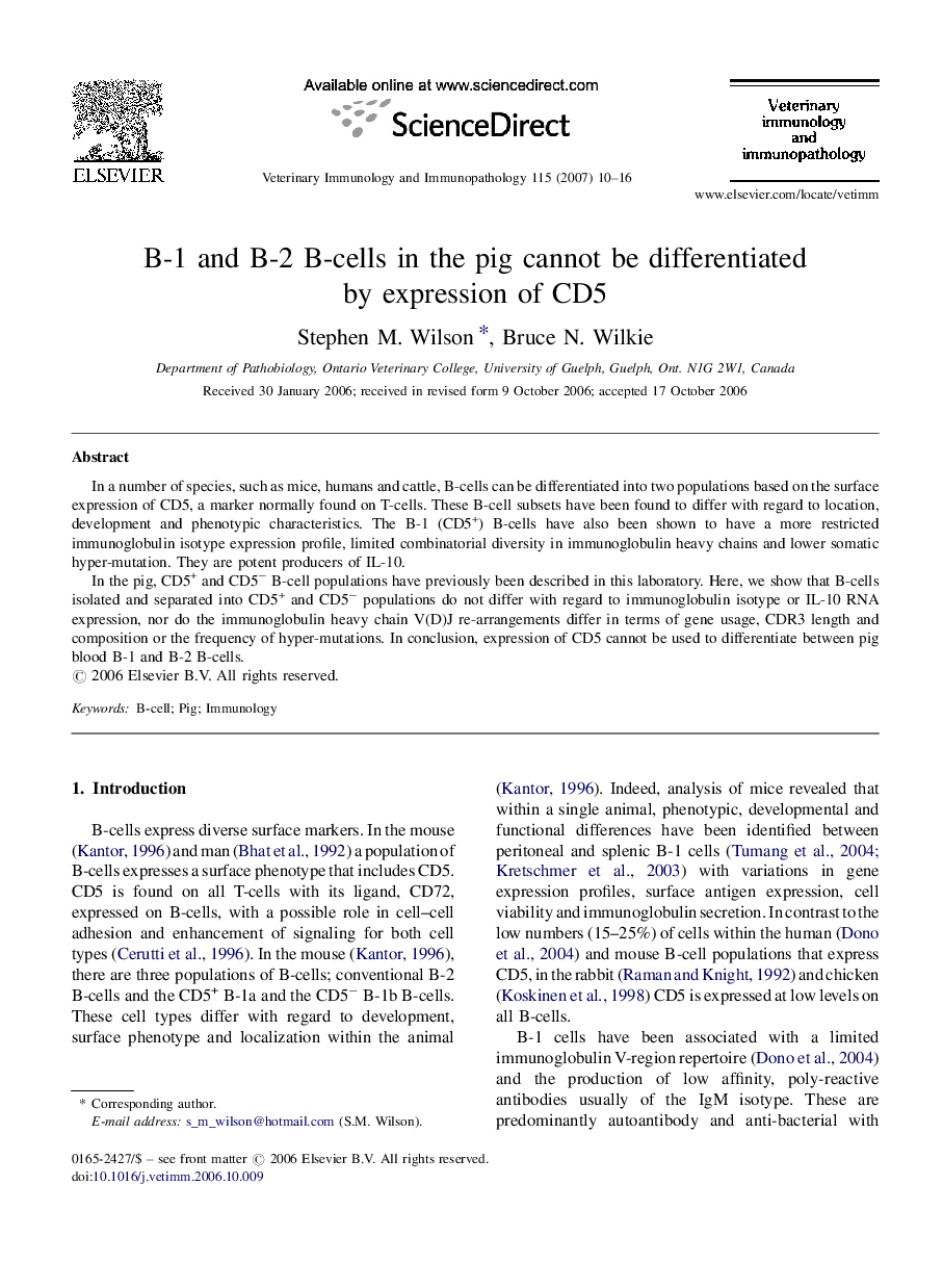 B-1 and B-2 B-cells in the pig cannot be differentiated by expression of CD5