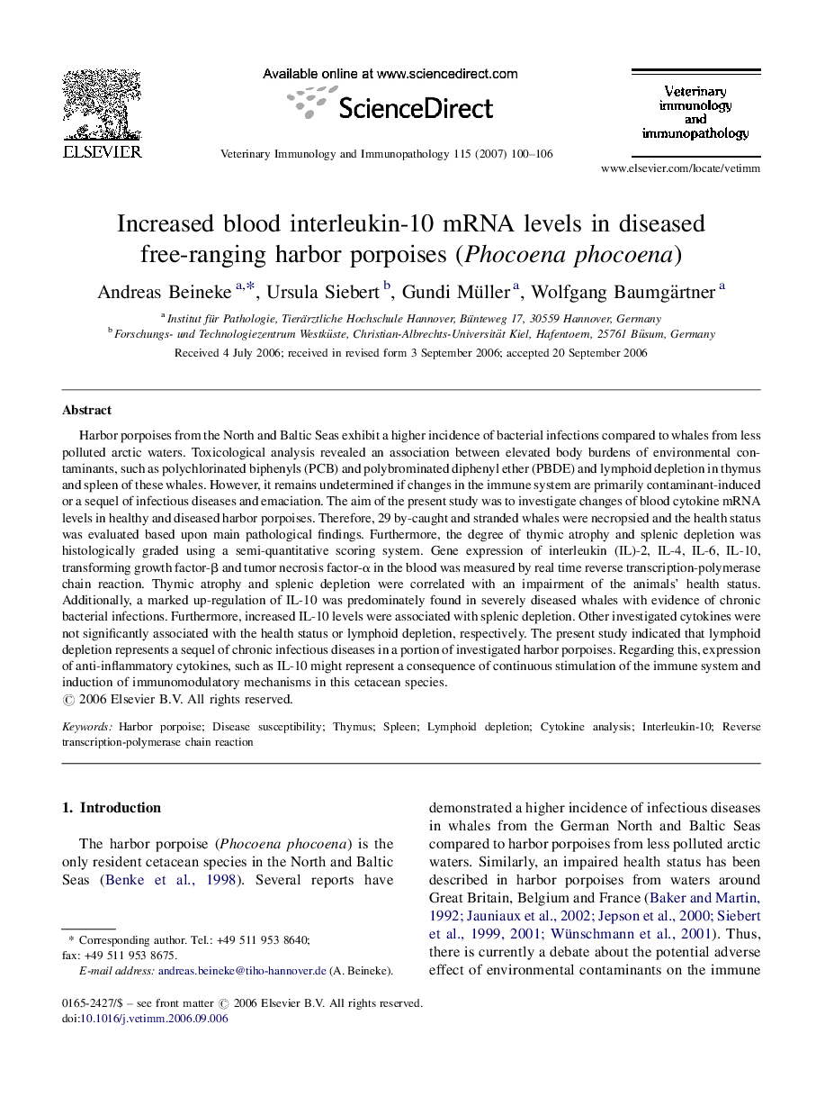 Increased blood interleukin-10 mRNA levels in diseased free-ranging harbor porpoises (Phocoena phocoena)