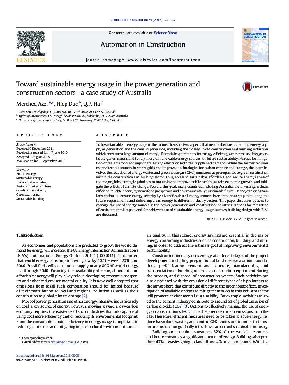 Toward sustainable energy usage in the power generation and construction sectors—a case study of Australia