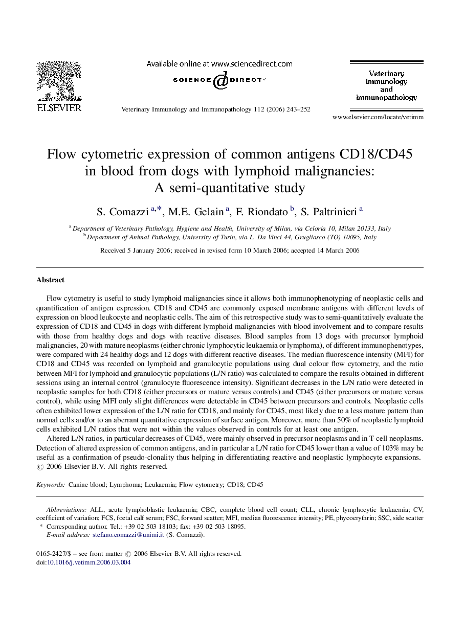 Flow cytometric expression of common antigens CD18/CD45 in blood from dogs with lymphoid malignancies: A semi-quantitative study