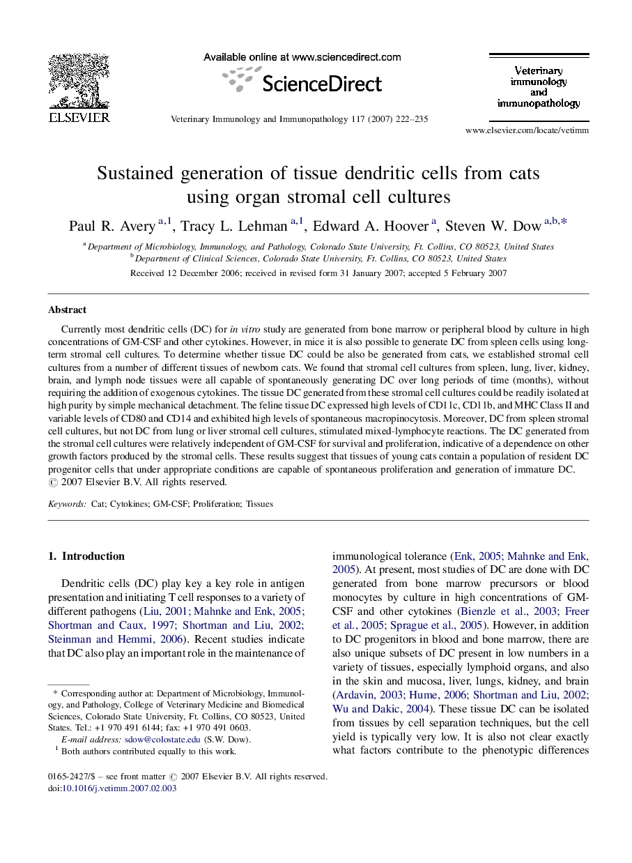 Sustained generation of tissue dendritic cells from cats using organ stromal cell cultures