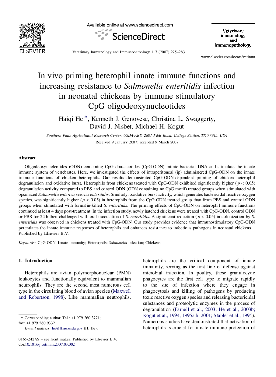 In vivo priming heterophil innate immune functions and increasing resistance to Salmonella enteritidis infection in neonatal chickens by immune stimulatory CpG oligodeoxynucleotides