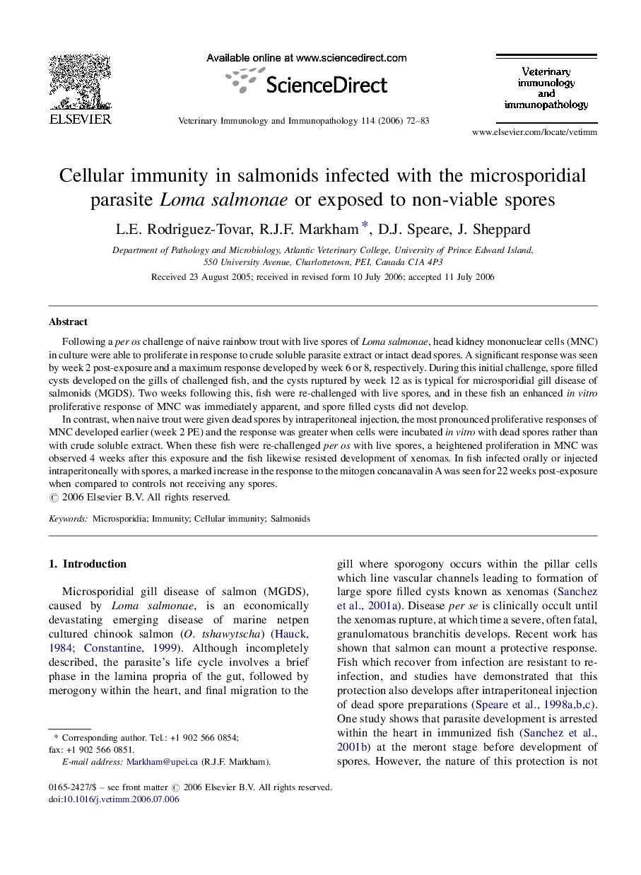 Cellular immunity in salmonids infected with the microsporidial parasite Loma salmonae or exposed to non-viable spores