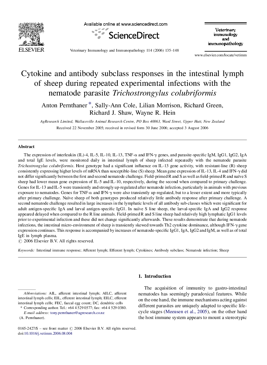 Cytokine and antibody subclass responses in the intestinal lymph of sheep during repeated experimental infections with the nematode parasite Trichostrongylus colubriformis