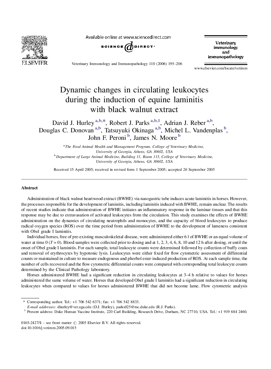 Dynamic changes in circulating leukocytes during the induction of equine laminitis with black walnut extract