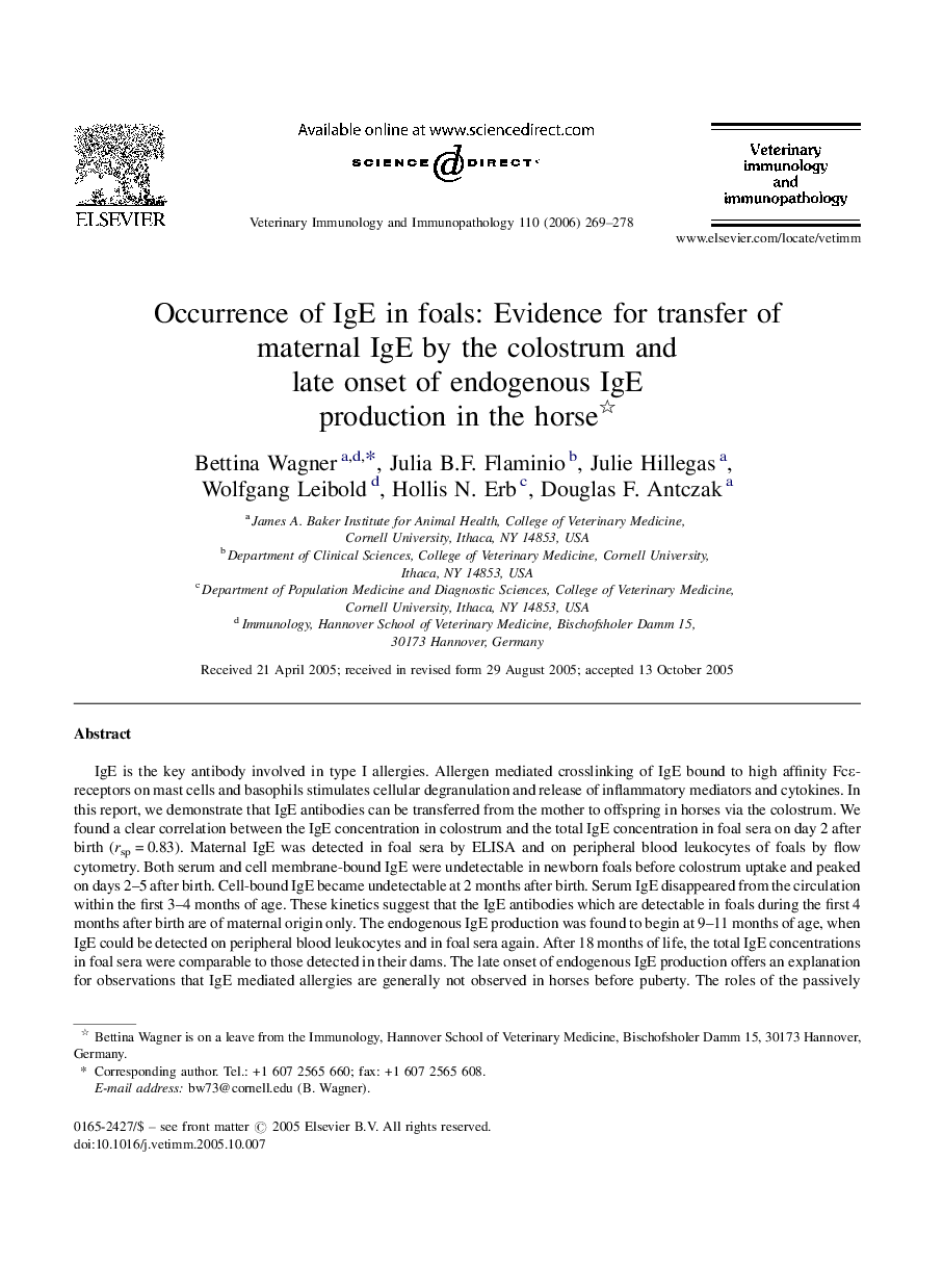 Occurrence of IgE in foals: Evidence for transfer of maternal IgE by the colostrum and late onset of endogenous IgE production in the horse 