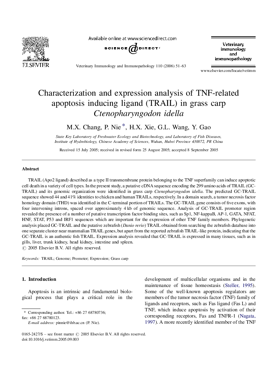 Characterization and expression analysis of TNF-related apoptosis inducing ligand (TRAIL) in grass carp Ctenopharyngodon idella