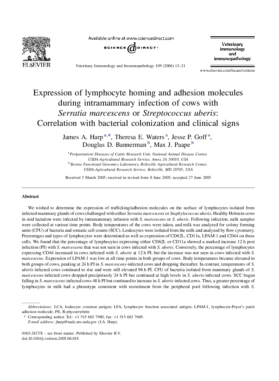 Expression of lymphocyte homing and adhesion molecules during intramammary infection of cows with Serratiamarcescens or Streptococcusuberis: Correlation with bacterial colonization and clinical signs