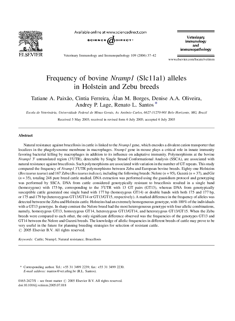 Frequency of bovine Nramp1 (Slc11a1) alleles in Holstein and Zebu breeds