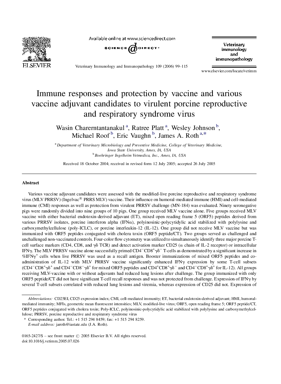 Immune responses and protection by vaccine and various vaccine adjuvant candidates to virulent porcine reproductive and respiratory syndrome virus